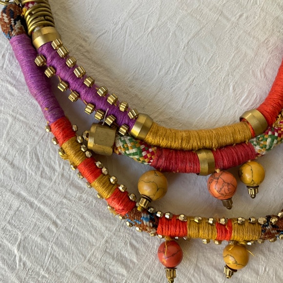 Anthropologie Multi Strand Thread & Bead Statement Necklace Brass Tone A… - Picture 4 of 9